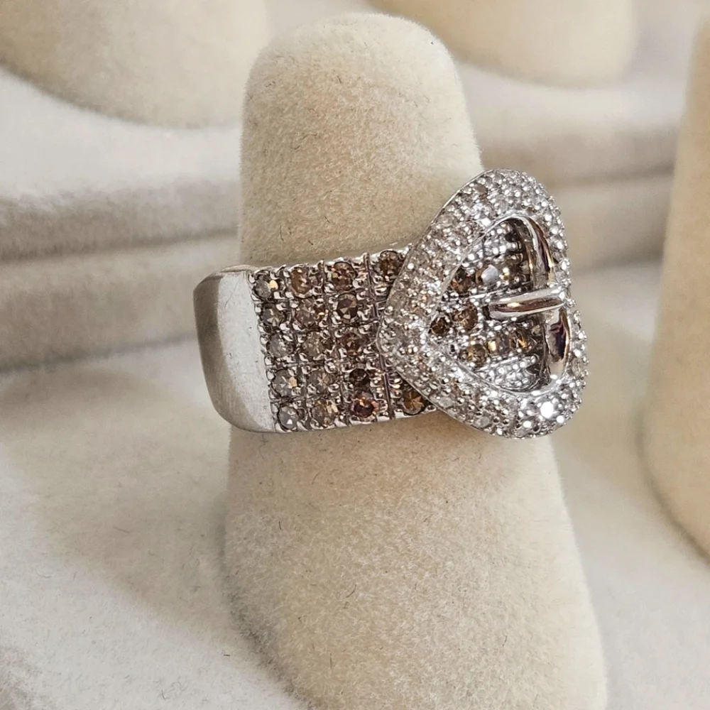 925 Sterling Silver Pave Diamonds Heart Buckle Band Ring Size 5 - Picture 3 of 7